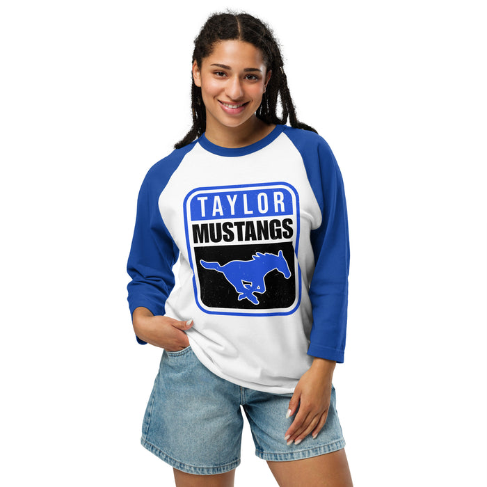 Woman wearing Taylor High School Mustangs Unisex 3/4 sleeve Raglan T-shirt 001