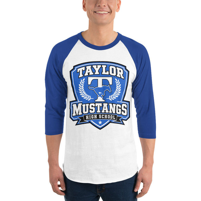 Man wearing Taylor High School Mustangs Unisex 3/4 sleeve Raglan T-shirt 020