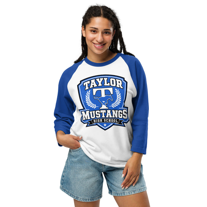 Woman wearing Taylor High School Mustangs Unisex 3/4 sleeve Raglan T-shirt 020