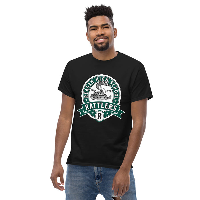 Man wearing Reagan High School Rattlers Black Classic Unisex T-shirt 212