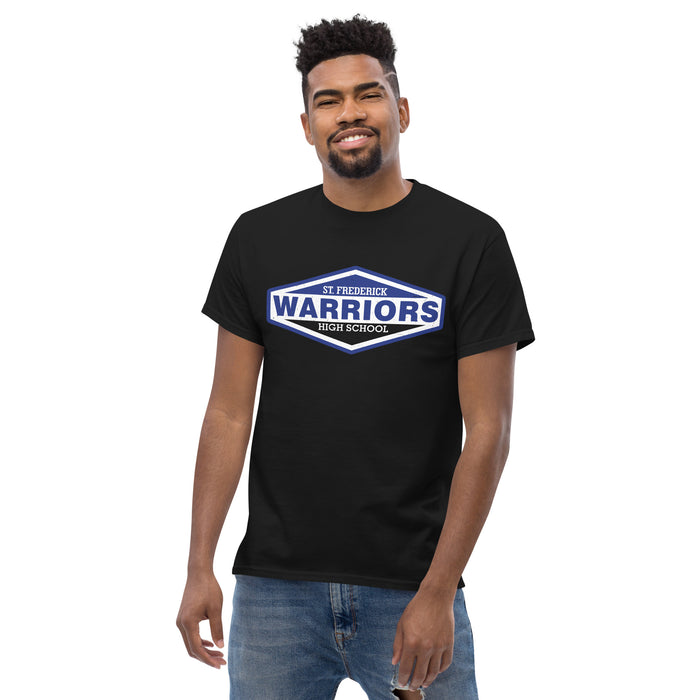 Man wearing St. Frederick High School Warriors Black Classic Unisex T-shirt 009