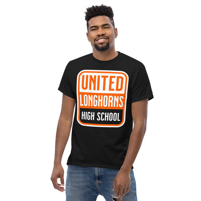 Man wearing United High School Longhorns Black Classic Unisex T-shirt 001