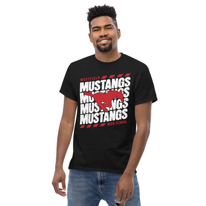 Man wearing Westfield High School Mustangs Black Classic Unisex T-shirt 223