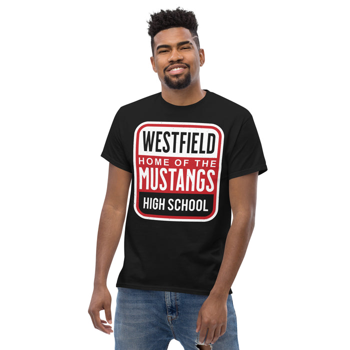 Man wearing Westfield High School Mustangs Black Classic Unisex T-shirt 001