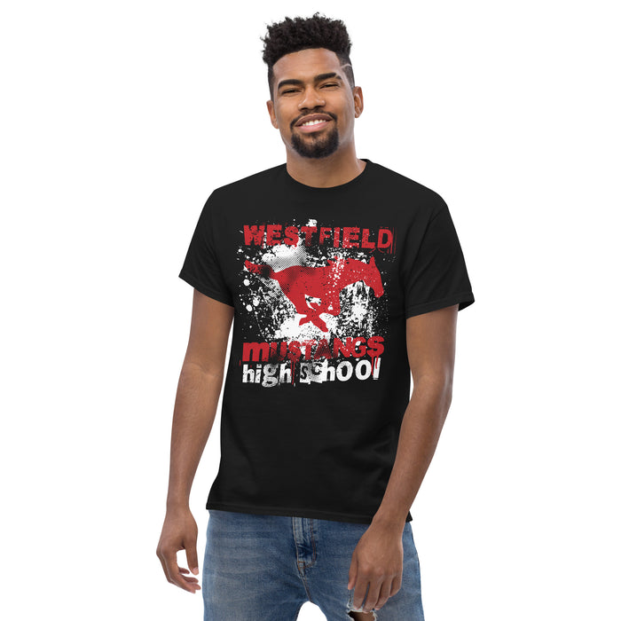 Man wearing Westfield High School Mustangs Black Classic Unisex T-shirt 205