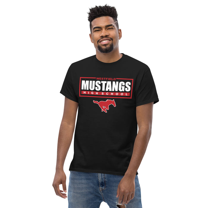 Man wearing Westfield High School Mustangs Black Classic Unisex T-shirt 049