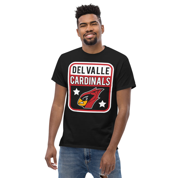 Man wearing Del Valle High School Cardinals Black Classic Unisex T-shirt 001