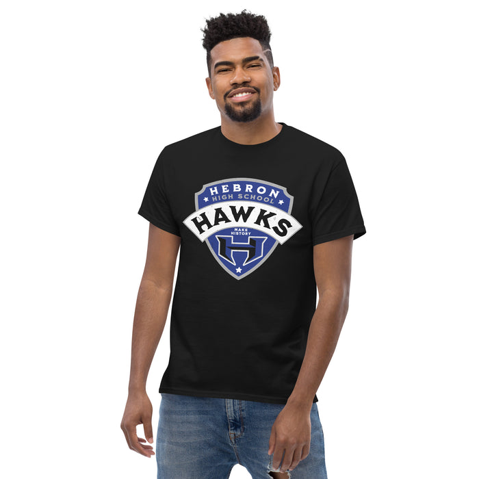 Front view of Hebron High School Hawks Black Classic Unisex T-shirt 221