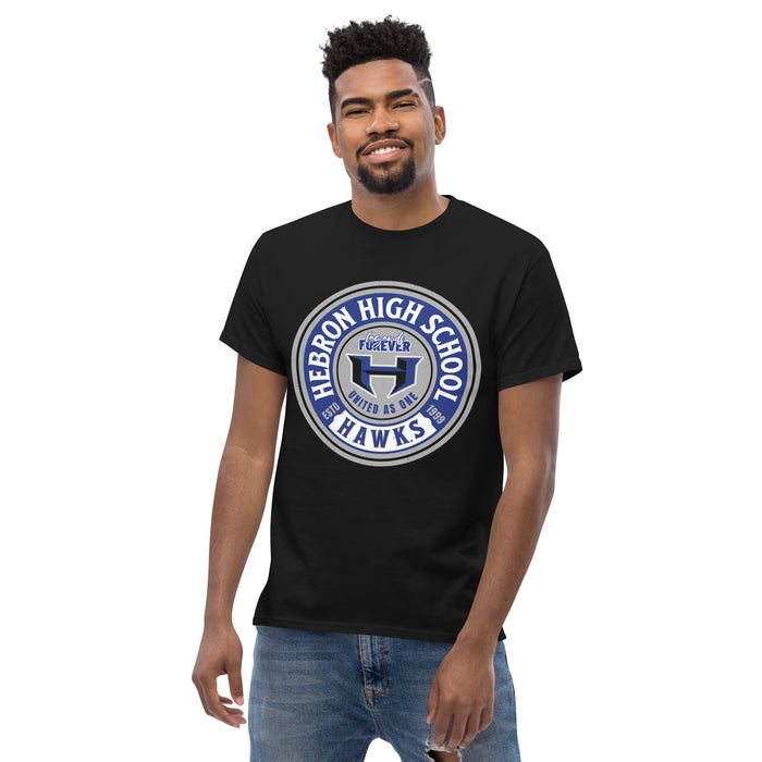 Front view of Hebron High School Hawks Black Classic Unisex T-shirt 220
