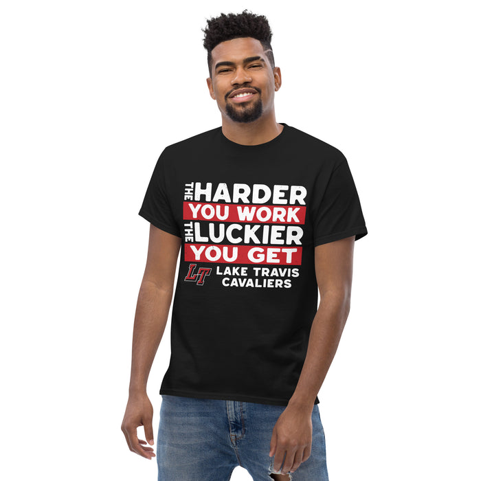 Man wearing Lake Travis High School Cavaliers Black Classic Unisex T-shirt 238