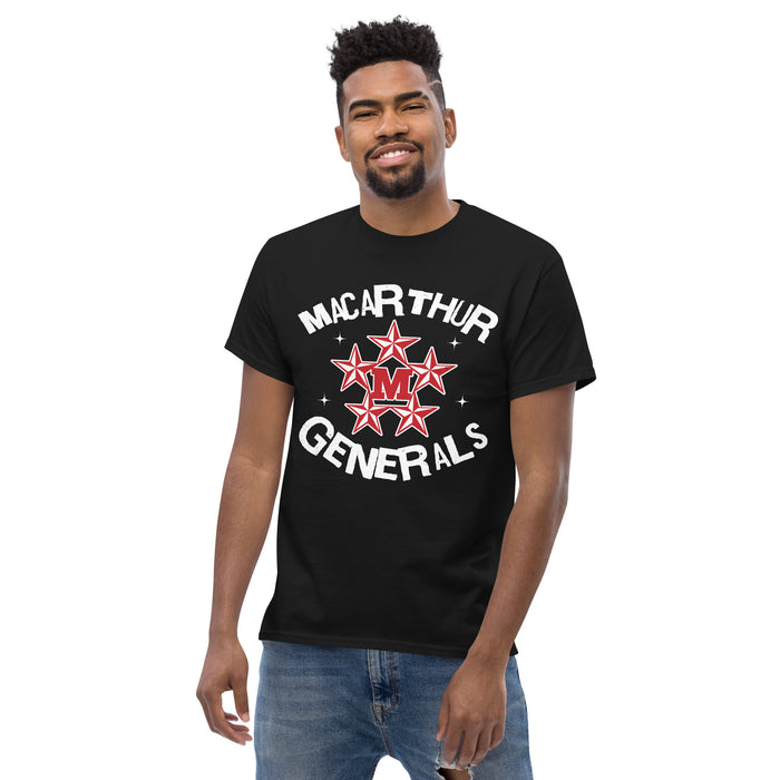 Front view of Man wearing MacArthur High School Generals Black Classic Unisex T-shirt 228