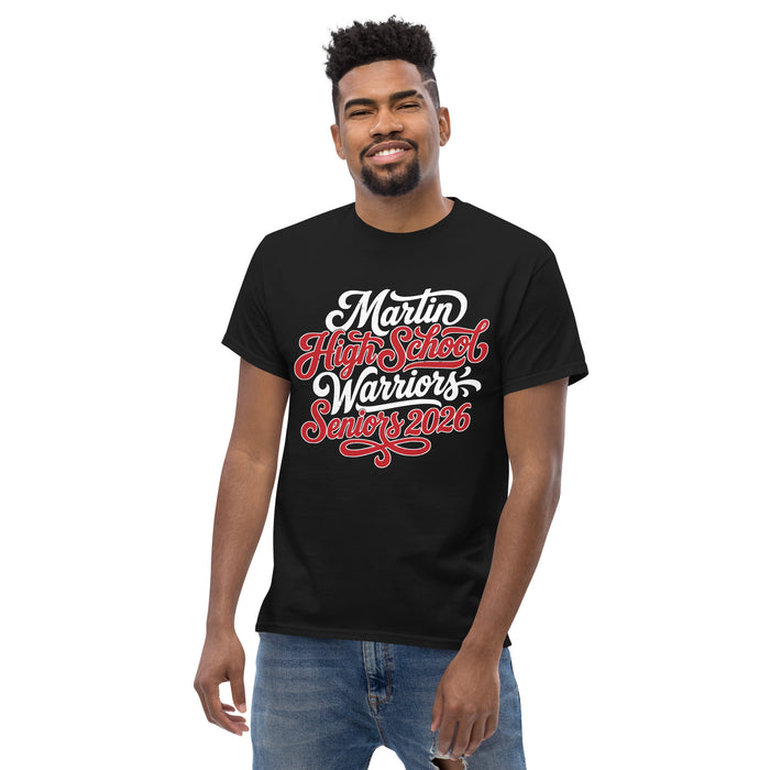 Front view of Man wearing Martin High School Warriors Black Classic Unisex T-shirt 254