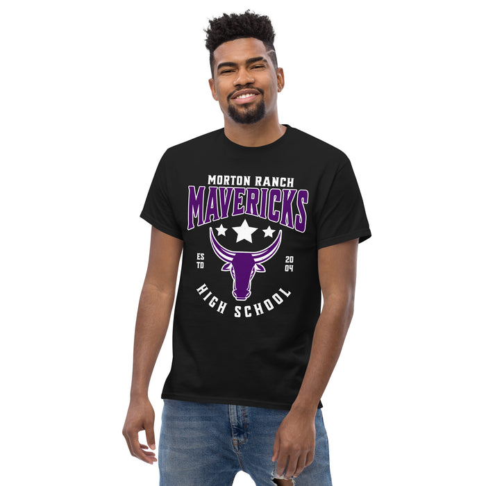 Man wearing Morton Ranch High School Mavericks Black Classic Unisex T-shirt 213