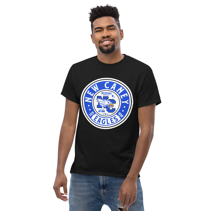 Front view of Man wearing New Caney High School Eagles Black Classic Unisex T-shirt 220