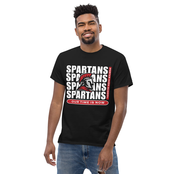 Front view of Man wearing Porter High School Spartans Black Classic Unisex T-shirt 235