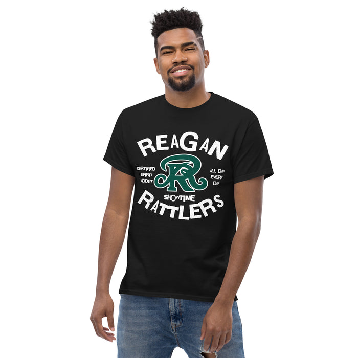 Front view of Reagan High School Rattlers Black Classic Unisex T-shirt 228