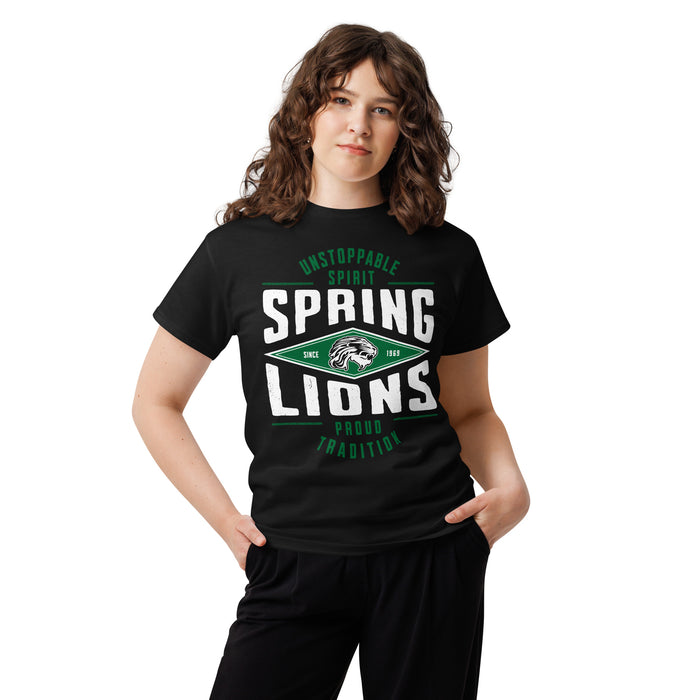 Woman wearing Spring High School Lions Black Classic Unisex T-shirt 210