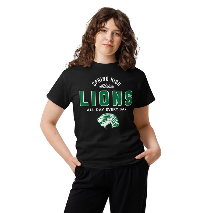 Woman wearing Spring High School Lions Black Classic Unisex T-shirt 040