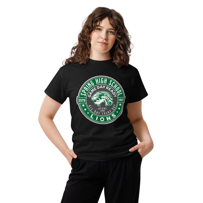 Woman wearing Spring High School Lions Black Classic Unisex T-shirt 224