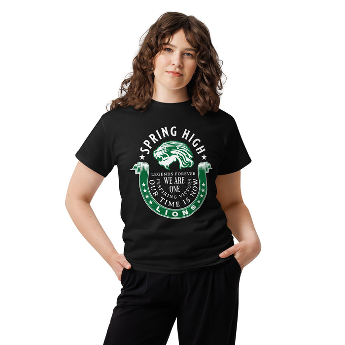 Woman wearing Spring High School Lions Black Classic Unisex T-shirt 229