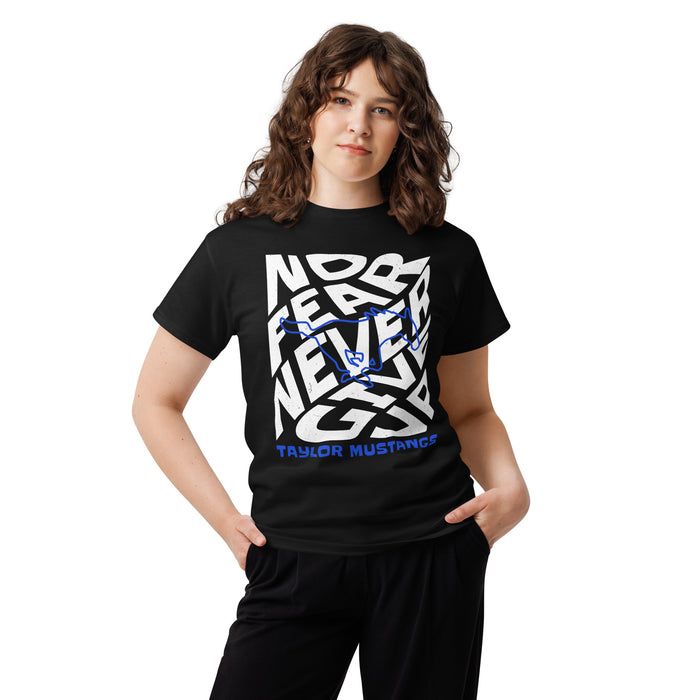 Woman wearing Taylor High School Mustangs Black Classic Unisex T-shirt 236