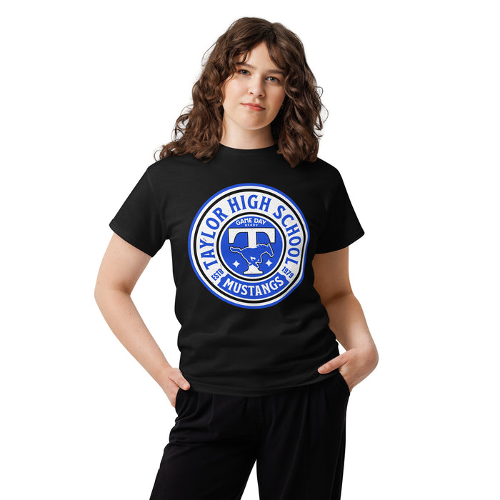 Woman wearing Taylor High School Mustangs Black Classic Unisex T-shirt 220
