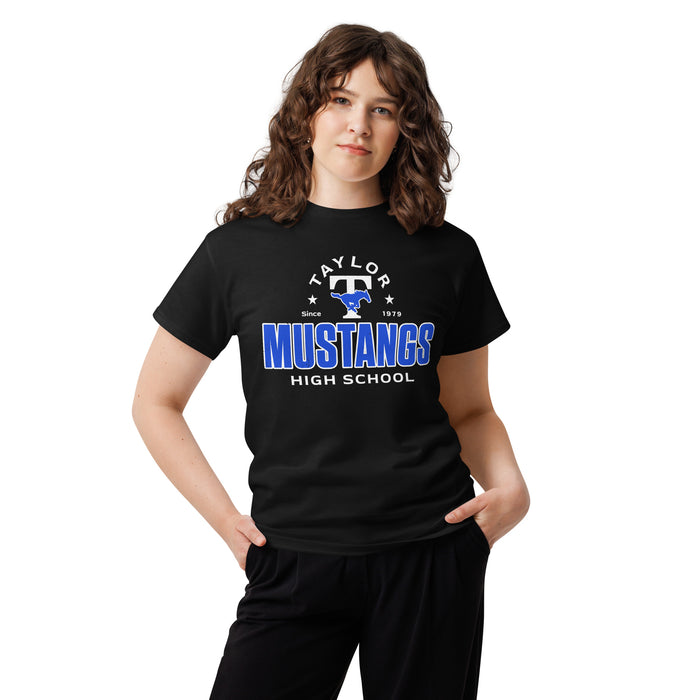 Woman wearing Taylor High School Mustangs Black Classic Unisex T-shirt 222