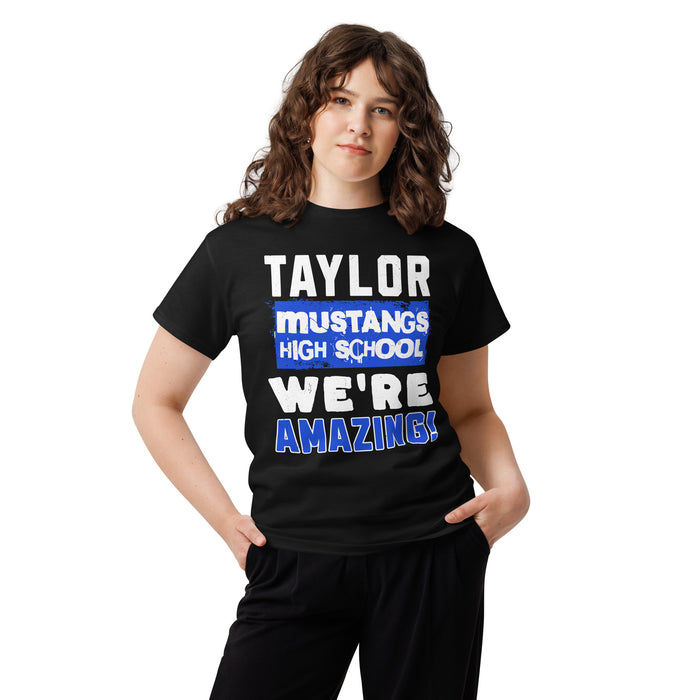 Woman wearing Taylor High School Mustangs Black Classic Unisex T-shirt 231