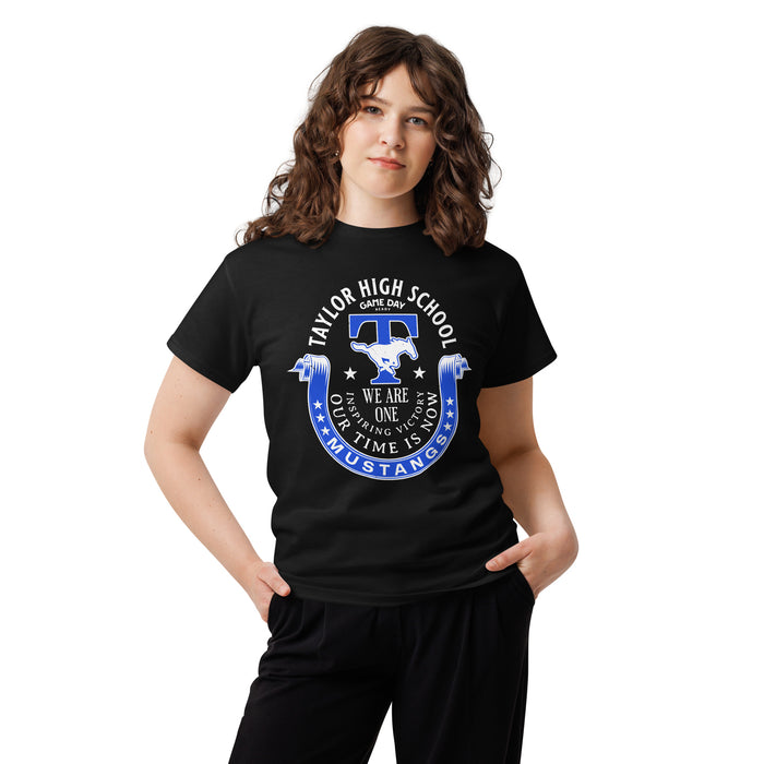 Woman wearing Taylor High School Mustangs Black Classic Unisex T-shirt 229