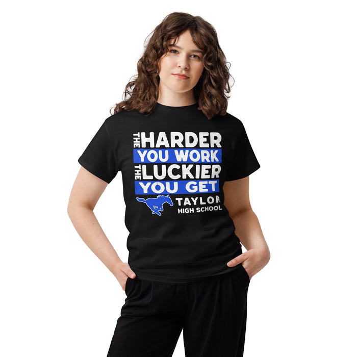 Woman wearing Taylor High School Mustangs Black Classic Unisex T-shirt 238