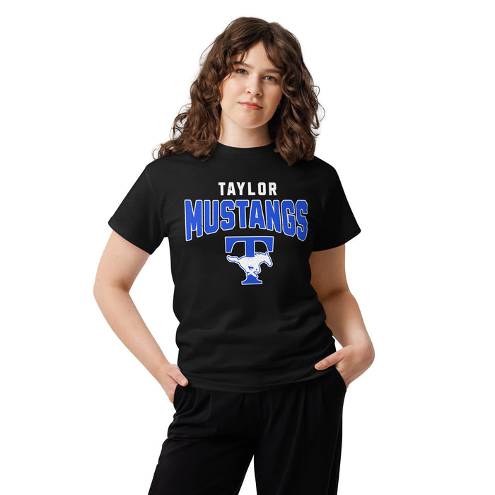 Woman wearing Taylor High School Mustangs Black Classic Unisex T-shirt 234