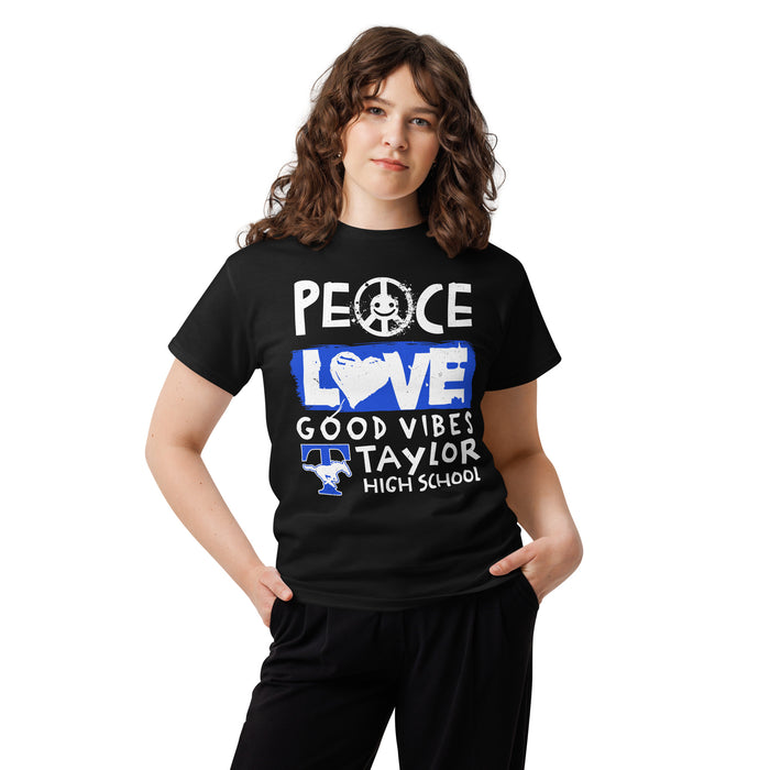 Woman wearing Taylor High School Mustangs Black Classic Unisex T-shirt 240