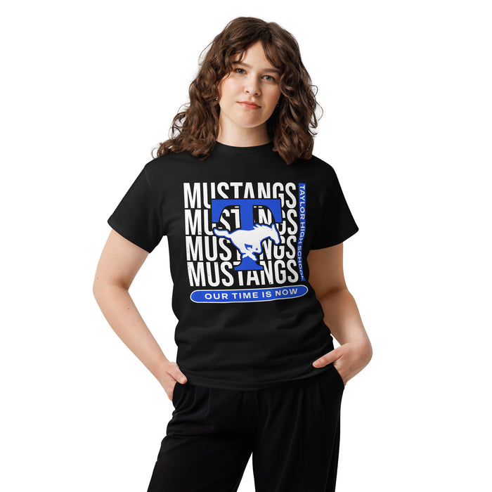 Woman wearing Taylor High School Mustangs Black Classic Unisex T-shirt 235