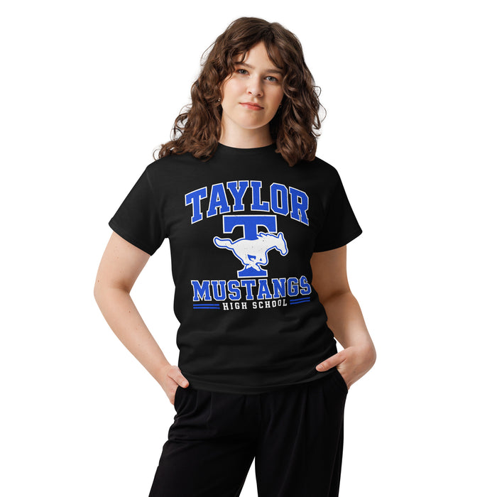 Woman wearing Taylor High School Mustangs Black Classic Unisex T-shirt 060