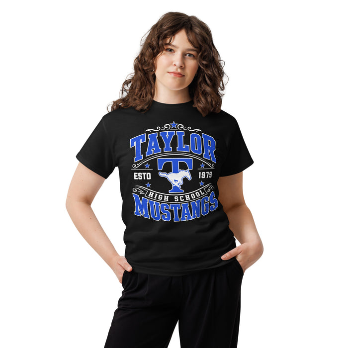 Woman wearing Taylor High School Mustangs Black Classic Unisex T-shirt 030