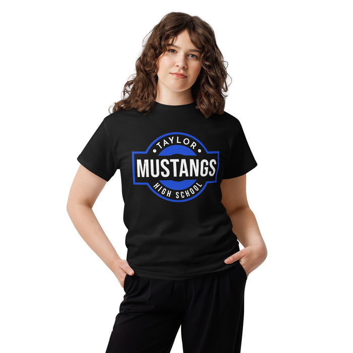 Woman wearing Taylor High School Mustangs Black Classic Unisex T-shirt 011