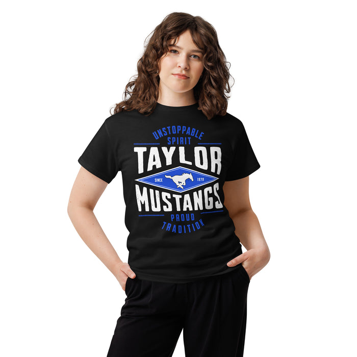 Woman wearing Taylor High School Mustangs Black Classic Unisex T-shirt 210
