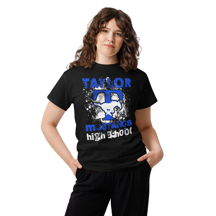Woman wearing Taylor High School Mustangs Black Classic Unisex T-shirt 205