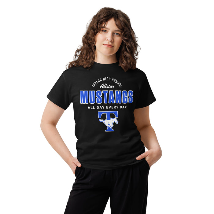 Woman wearing Taylor High School Mustangs Black Classic Unisex T-shirt 040