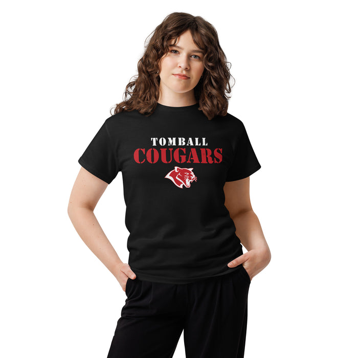 Woman wearing Tomball High School Cougars Classic Unisex Black T-shirt 017
