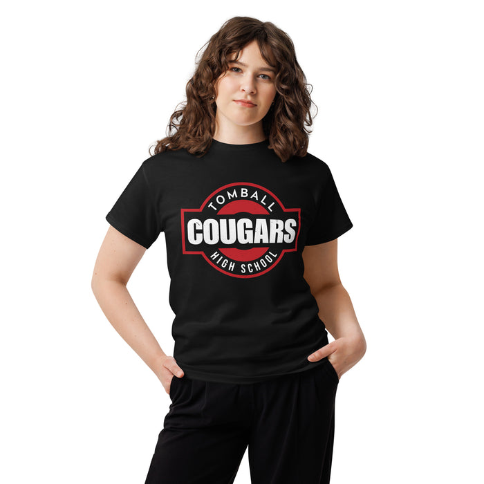 Woman wearing Tomball High School Cougars Classic Unisex Black T-shirt 011