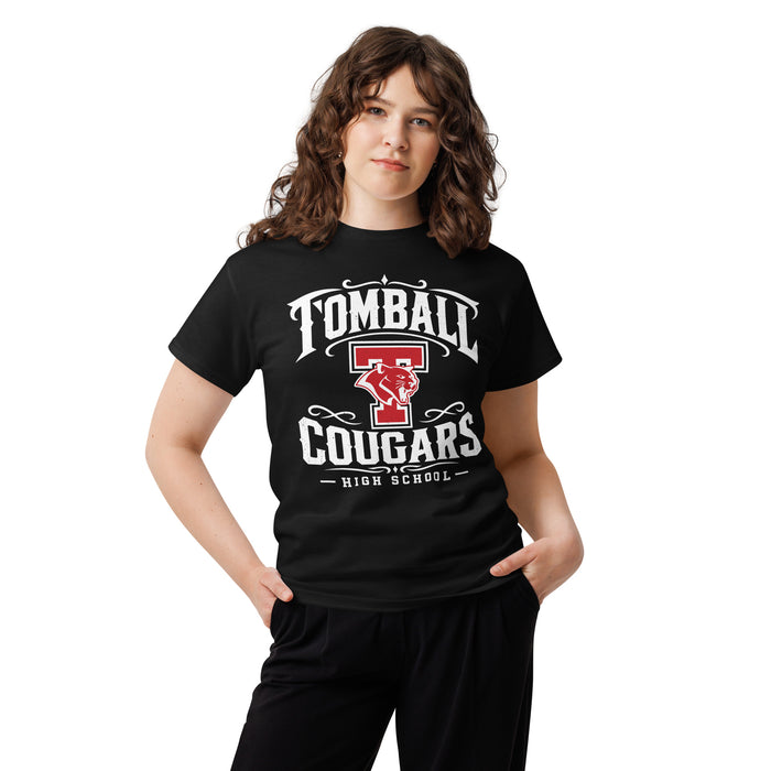 Woman wearing Tomball High School Cougars Classic Unisex Black T-shirt 022