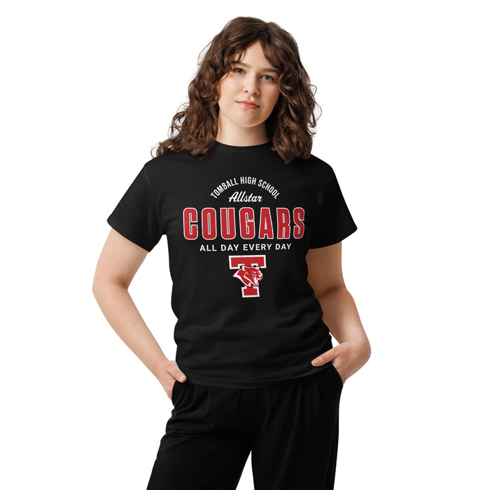 Woman wearing Tomball High School Cougars Classic Unisex Black T-shirt 040