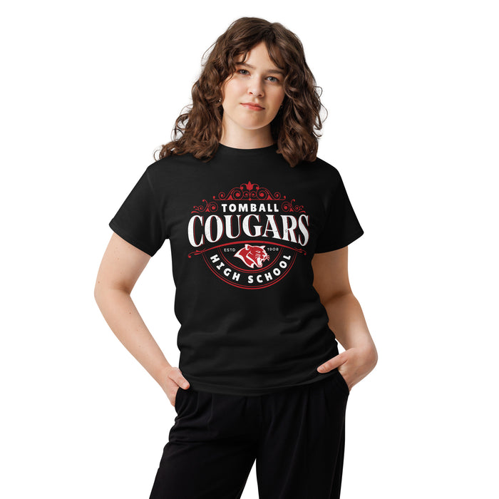 Woman wearing Tomball High School Cougars Classic Unisex Black T-shirt 211