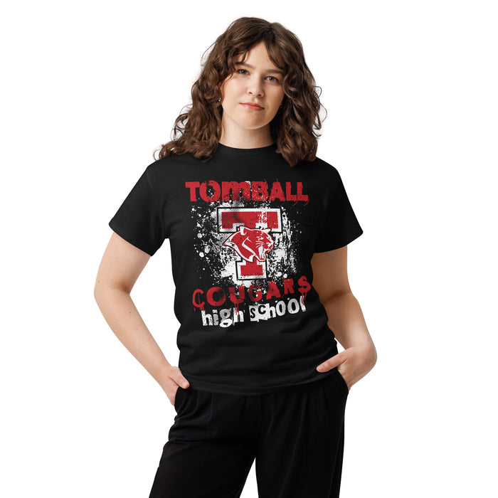 Woman wearing Tomball High School Cougars Classic Unisex Black T-shirt 205