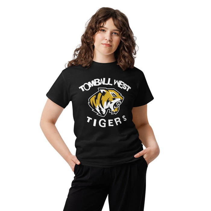 Woman wearing Tomball West High School Tigers Black Classic Unisex T-shirt 228