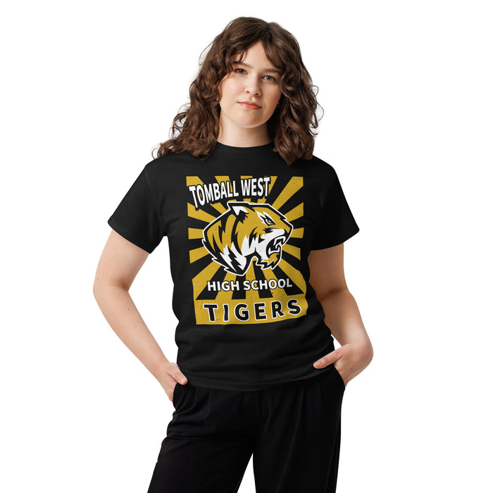 Woman wearing Tomball West High School Tigers Black Classic Unisex T-shirt 226