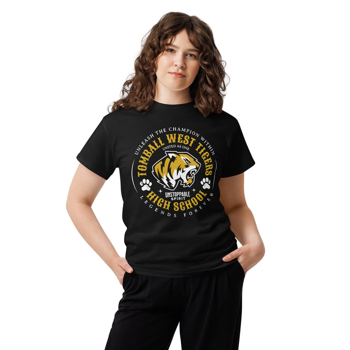 Woman wearing Tomball West High School Tigers Black Classic Unisex T-shirt 214