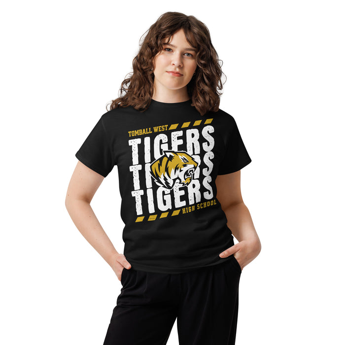 Woman wearing Tomball West High School Tigers Black Classic Unisex T-shirt 223