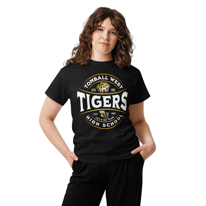 Woman wearing Tomball West High School Tigers Black Classic Unisex T-shirt 218